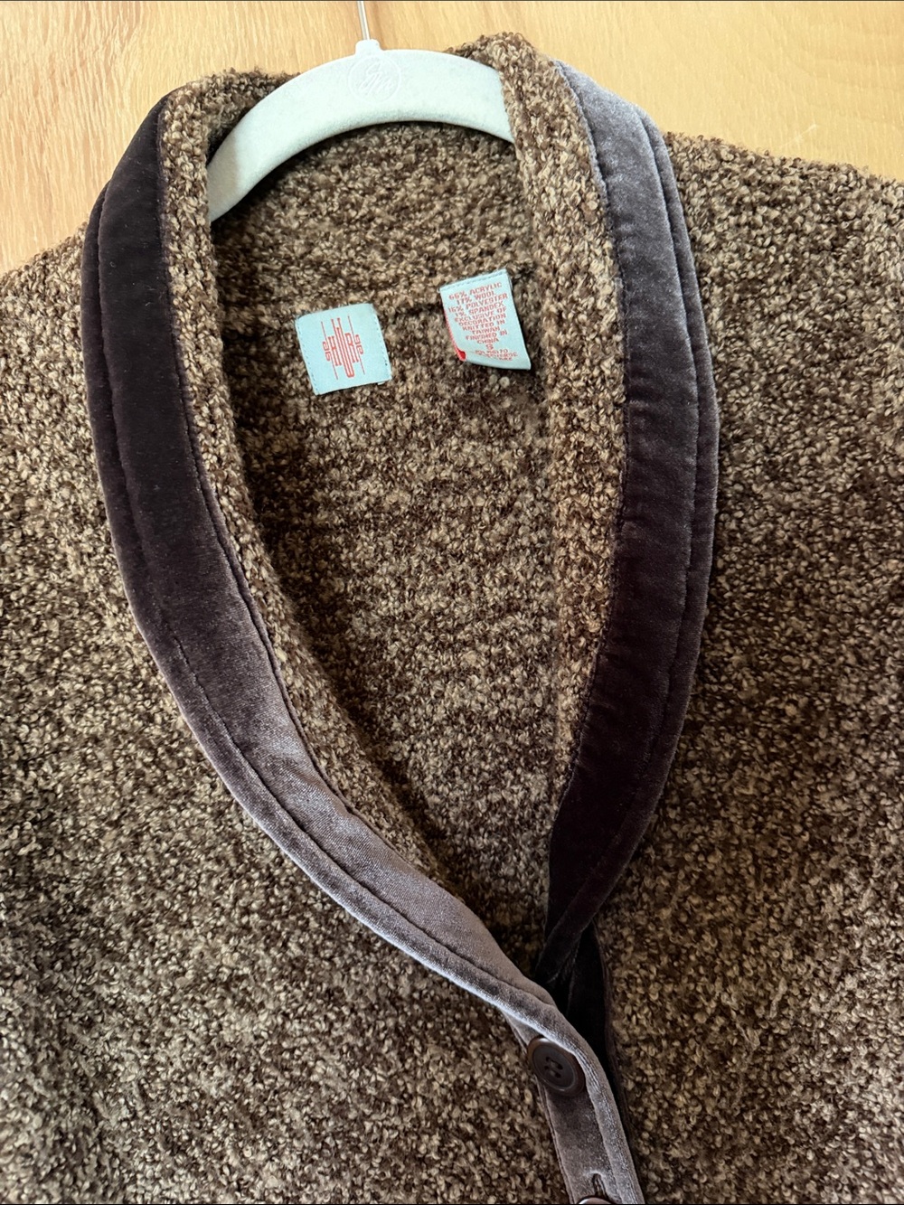 Anthropologie Brown Textured Shawl-Collar Cardigan with Velvet Trim - Picture 6 of 6